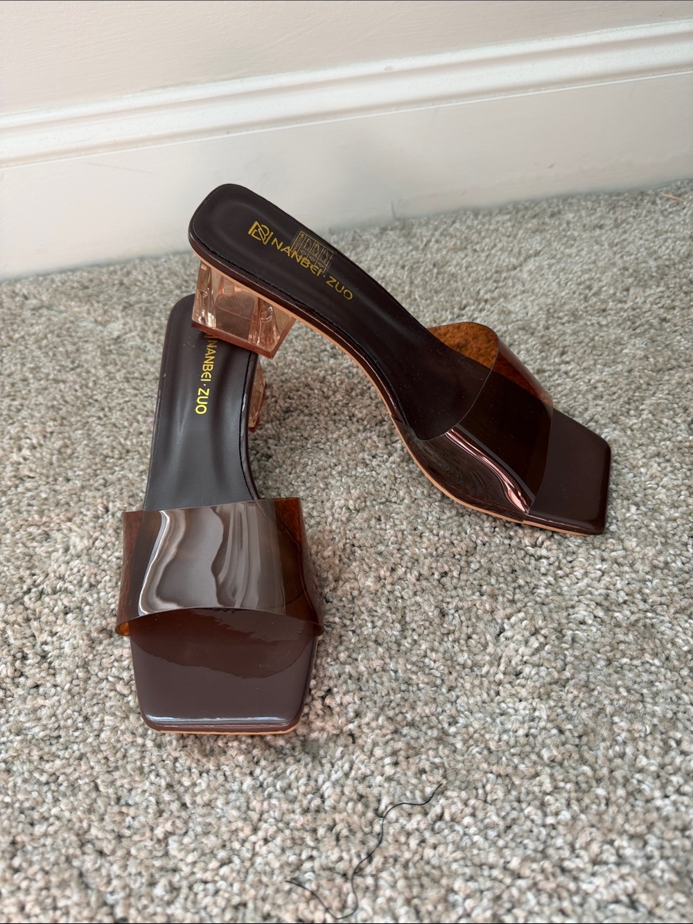 Brown Clear Block Heel Slide Sandals